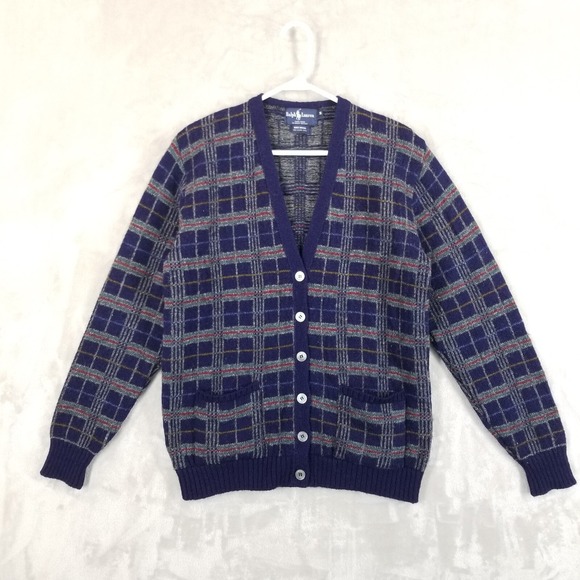 Ralph Lauren Sweaters - Vtg Ralph Lauren Cardigan Women M Plaid 100% Wool Sweater Pockets Great Britain